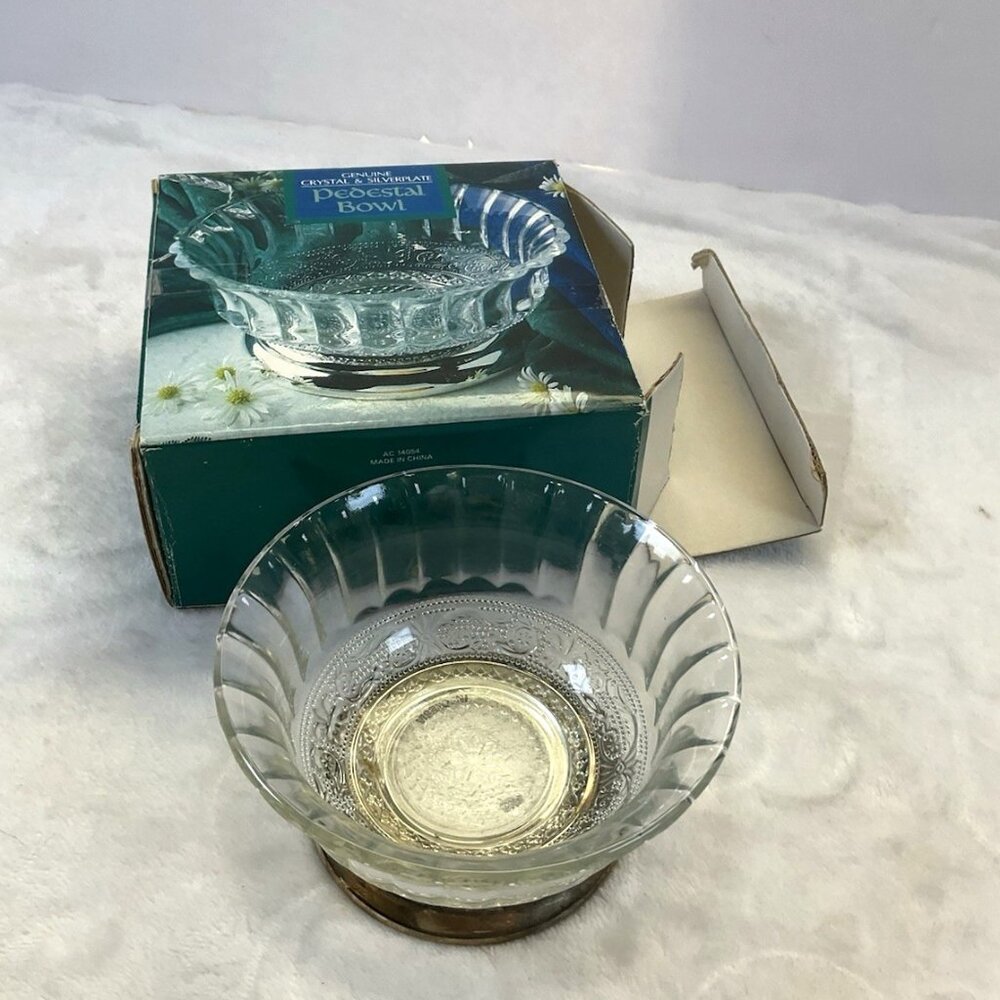 Crystal & Silverplate Pedestal Bowl Vintage Clear Etched Glass Crystal Galleries
